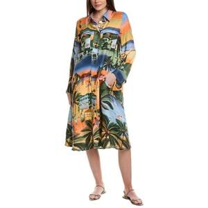 Farm Rio Women's Carioca Lending Midi Dress Long Sleeve Blue Multi Size L NWT